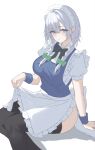  1girl 7saki apron apron_hold back_bow black_bow black_bowtie black_thighhighs blue_dress bow bowtie braid breasts collared_shirt commentary_request dress green_bow grey_eyes grey_hair hair_bow highres izayoi_sakuya large_breasts long_hair looking_at_viewer maid maid_headdress puffy_short_sleeves puffy_sleeves shirt short_sleeves simple_background solo thighhighs touhou twin_braids waist_apron white_apron white_background white_bow white_shirt 