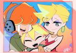  1girl 2boys blonde_hair blue_eyes blue_sky breasts brief_(psg) cloud couple dress earrings family father_and_child father_and_son freckles ghostbusters_uniform gradient_hair green_hoodie hair_over_eyes happy headphones hetero highres hood hoodie hoop_earrings hug husband_and_wife jewelry junior_(psg) long_hair mother_and_child mother_and_son multicolored_hair multiple_boys official_style open_mouth orange_hair panty_&amp;_stocking_with_garterbelt panty_(psg) parent_and_child red_dress short_hair sky smile tearing_up tears teeth translation_request upper_teeth_only vvonpino 