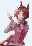  1girl animal_ears ascot breasts brown_hair closed_mouth flower-shaped_pupils flower_in_eye highres horse_ears horse_girl horse_tail petals pink_ascot pink_shirt pink_vest puffy_short_sleeves puffy_sleeves purple_eyes sakura_laurel_(saisir_le_reve)_(umamusume) sakura_laurel_(umamusume) shirt short_hair short_sleeves shorts smile solo songdu symbol-shaped_pupils symbol_in_eye tail umamusume vest white_shorts 
