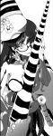  1girl abyssal_ship bangs barnacle between_breasts breasts earrings glasses greyscale hat highres holding holding_weapon jewelry kantai_collection large_breasts long_hair lunga_ocean_heavy_cruiser_princess monochrome open_mouth orthocone polearm seashell shell simple_background solo tentacles tsuji_kazuho weapon 