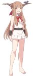  1girl barefoot bow bowtie brown_hair full_body hair_bow horns ibuki_suika legs long_hair looking_at_viewer no_pants open_mouth red_bow red_eyes red_neckwear shirt shiseki_hirame simple_background sleeveless sleeveless_shirt smile solo standing touhou white_background white_shirt 