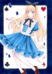  1girl ace_(playing_card) ace_of_hearts ace_of_spades alice's_adventures_in_wonderland alice_(alice_in_wonderland) back_bow between_fingers black_bow black_bowtie black_hairband blonde_hair blue_border blue_dress blue_eyes border bow bowtie brown_shoes card card_between_fingers closed_mouth club_(shape) commentary diamond_(shape) dress hairband heart highres holding holding_card loafers long_hair outside_border pantyhose playing_card puffy_short_sleeves puffy_sleeves shoes short_sleeves smile solo spade_(shape) traditional_media very_long_hair white_bow white_pantyhose yuuki_hana_(jtnp5334) 