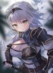  1girl armor belt black_gloves breasts brown_belt cleavage closed_mouth fingerless_gloves gloves green_eyes holding holding_weapon hololive large_breasts looking_at_viewer mole mole_on_breast shirogane_noel short_hair silver_hair solarisu solo tiara upper_body virtual_youtuber weapon 