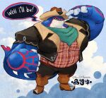 2026 anthro artist_logo belt big_hands black_bottomwear black_clothing black_pants black_sclera blue_background blue_body boots bottomwear brown_belt brown_boots brown_clothing brown_footwear brown_hat brown_headwear brown_shirt brown_topwear clothed clothing cloudy_background collared_shirt colored countershading cowboy_hat dialogue digital_drawing_(artwork) digital_media_(artwork) fist footwear generation_3_pokemon gesture hat headgear headwear hi_res kyogre legendary_pokemon logo looking_at_viewer male moobs nintendo omega_symbol open_clothing open_mouth open_shirt open_topwear overweight overweight_anthro overweight_male pants pattern_clothing pattern_shirt pattern_topwear plaid plaid_clothing plaid_shirt plaid_topwear pointy_shoes pokemon pokemon_(species) pokemon_pokopia print_clothing red_accents red_clothing red_shirt red_topwear revofreverie salute scarf shaded sharp_teeth shirt shoes signature simple_background solo southern_accent speech_bubble standing tail teal_clothing teeth top_heavy topwear white_body yellow_eyes