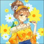  1girl :&gt; arm_behind_back blue_pants brown_hair choker collarbone daisy dango double_bun floral_background floral_print flower flower_choker food frilled_skirt frills hair_bun hand_up holding holding_pen leaf light_blush light_smile looking_at_viewer misora_(crnr8777) nail_polish off_shoulder original pants pen shirt skirt wagashi white_flower yellow_eyes yellow_flower yellow_headband yellow_nails yellow_shirt yellow_theme 