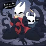  2026 2_horns 5_fingers ambiguous_gender arthopod artist_name biped black_body black_breasts black_eyes black_speech_bubble breasts cleavage clothed clothing duo empty_eyes english_text exclamation_point female fingers gesture half_sister_(lore) hand_gesture heart_symbol hi_res hollow_knight_(franchise) horn hornet_(hollow_knight) on_ground phosenpai red_clothing sibling_(lore) sister_(lore) team_cherry tendrils text the_knight_(hollow_knight) thick_thighs v_sign vessel_(species) white_head white_text 