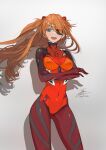  1girl ass_visible_through_thighs blue_eyes breasts brown_hair covered_navel crossed_arms evangelion:_3.0_you_can_(not)_redo eyepatch fadingz grey_background highres interface_headset long_hair md5_mismatch medium_breasts neon_genesis_evangelion orange_hair pixiv_id rebuild_of_evangelion shadow signature smile solo souryuu_asuka_langley stuffed_toy teeth tongue 