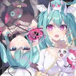  2girls absurdres aimaina angel_and_devil angel_wings aqua_hair black_choker black_shirt black_wings blunt_bangs blush choker collar commentary cutout_eyelashes demon_wings detached_sleeves devil_janai_mon_(vocaloid) doushite-chan dress dual_persona fang fangs fishnets gradient_eyes halo hatsune_miku head_wings heart highres holding holding_staff horns kurobikari lace lace_choker long_hair looking_at_viewer multicolored_eyes multiple_girls neenya_(deco27) pink_eyes pointy_ears puffy_short_sleeves puffy_sleeves ringed_eyes see-through_clothes see-through_sleeves shirt short_sleeves staff twintails vocaloid white_collar white_dress white_horns white_wings wings 