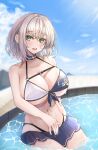  1girl bare_arms bare_shoulders bikini blush breasts cleavage green_eyes highres hololive large_breasts miniskirt mole mole_on_breast open_mouth pleated_skirt pool reichidad shirogane_noel silver_hair skirt smile solo swimsuit upper_teeth virtual_youtuber 