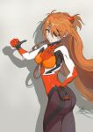  1girl ass blue_eyes breasts evangelion:_3.0_you_can_(not)_redo eyepatch fadingz grey_background hair_over_one_eye hand_on_hip highres interface_headset long_hair looking_at_viewer medium_breasts neon_genesis_evangelion orange_hair pixiv_id plugsuit rebuild_of_evangelion shadow signature skin_tight solo souryuu_asuka_langley thumbs_up 