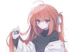  1girl a.i._voice adachi_rei ahoge alternate_hair_length alternate_hairstyle black_shirt hair_ribbon highres holding_own_hair long_hair long_sleeves looking_at_viewer mei_(meiday_mise) off_shoulder orange_eyes orange_hair ribbon shirt simple_background solo upper_body utau white_background white_ribbon 