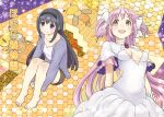  2girls akemi_homura barefoot black_hair black_hairband blue_cardigan breasts brown_eyes cardigan choker cleavage commentary_request cover cover_page dress gaihan_umeboshi_mitchell gem hairband honeycomb_(pattern) honeycomb_background hugging_own_legs jar kaname_madoka long_hair mahou_shoujo_madoka_magica mahou_shoujo_madoka_magica_(anime) multiple_girls pink_hair plunging_neckline purple_eyes sitting small_breasts soul_gem translation_request two_side_up ultimate_madoka very_long_hair white_choker white_dress 