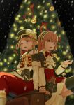  2girls book bow brown_hair capelet christmas christmas_ornaments christmas_tree frilled_hairband frilled_sleeves frills fur_trim gloves hairband hat hat_bow highres hiiragi_nemu long_hair long_sleeves magia_record:_mahou_shoujo_madoka_magica_gaiden mahou_shoujo_madoka_magica multiple_girls nanakamado open_mouth satomi_touka sitting thighhighs 