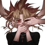  1boy 2others ankh black_shirt blonde_hair commentary covering_own_mouth eyelashes jewelry long_sleeves male_focus multicolored_hair multiple_others necklace out_of_frame papaya0813 red_eyes red_hair shirt simple_background solo_focus spiked_hair two-tone_hair upper_body white_background yami_yugi yu-gi-oh! yu-gi-oh!_duel_monsters 