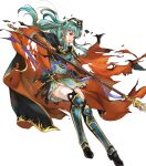  1girl aqua_eyes aqua_hair armor armored_boots bangs belt boots bracelet breastplate broken_armor brown_gloves cape dress earrings eirika_(fire_emblem) elbow_gloves fire_emblem fire_emblem:_the_sacred_stones fire_emblem_heroes full_body gloves hair_ornament highres holding holding_weapon jewelry long_hair long_sleeves official_art polearm shiny shiny_hair short_dress shoulder_armor sidelocks solo spear thighhighs torn_clothes transparent_background turtleneck wada_sachiko weapon white_legwear 