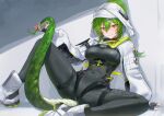  1girl absurdres ankle_boots arknights arknights:_endfield black_bodysuit black_gloves bodysuit boots breasts commentary covered_navel fingerless_gloves fluorite_(arknights) gloves green_eyes green_hair hair_between_eyes hair_through_hood highres holding_own_tail hood hood_up hooded_shrug large_breasts lizard_tail long_sleeves puffy_long_sleeves puffy_sleeves reptile_girl shrug_(clothing) sitting smile solo tail uof white_boots white_shrug 