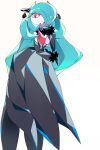 1girl absurdres adapted_costume alternate_color alternate_hair_length alternate_hairstyle bare_shoulders black_dress black_gloves blue_hair bright_pupils closed_mouth colored_skin commentary_request cosplay cynthia_(pokemon) cynthia_(pokemon)_(cosplay) dress elbow_gloves flat_chest full_body fur-trimmed_gloves fur_trim gardevoir gloves hair_ornament hair_over_one_eye hand_up happy highres iteza_flower. leaning_forward long_dress long_hair looking_at_viewer mega_gardevoir mega_pokemon one_eye_covered partial_commentary pokemon pokemon_dppt red_eyes shiny_pokemon sidelocks simple_background smile solo standing strapless strapless_dress very_long_hair white_background white_pupils white_skin 