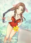  1girl aerith_gainsborough bow braid breasts brown_hair chair cleavage covered_navel fadingz final_fantasy final_fantasy_vii flower folding_chair green_eyes hair_bow highres long_braid looking_at_viewer medium_breasts one-piece_swimsuit parted_lips pink_bow red_swimsuit solo swimsuit yellow_flower 