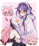  2girls animal_ears breasts couple eye_contact floppy_ears fox_ears genshin_impact glasses hair_between_eyes highres hood hoodie long_hair looking_at_another multiple_girls nonons pink_hair purple_eyes raiden_shogun wife_and_wife yae_miko yuri 