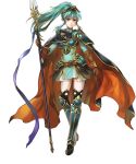  1girl aqua_eyes aqua_hair armor armored_boots bangs belt boots bracelet breastplate brown_gloves cape dress earrings eirika_(fire_emblem) elbow_gloves fire_emblem fire_emblem:_the_sacred_stones fire_emblem_heroes full_body gloves hair_ornament highres holding holding_weapon jewelry long_hair long_sleeves official_art polearm ponytail shiny shiny_hair short_dress shoulder_armor sidelocks solo spear thighhighs tied_hair transparent_background turtleneck wada_sachiko weapon white_legwear 