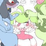  1:1 ambiguous_gender anthro biped black_body black_fur blue_body blue_fur blush bodily_fluids breath digital_drawing_(artwork) digital_media_(artwork) digitigrade double_handjob dripping faceless_anthro faceless_character faceless_male floragato front_view fur generation_4_pokemon generation_7_pokemon generation_9_pokemon genital_fluids genitals green_body green_fur group hand_on_head handjob heart_reaction heart_symbol hi_res humanoid interrobang interspecies kneeling leaking_precum licking licking_lips looking_at_another looking_at_partner male nintendo panting penile penis pink_body pink_eyes pink_penis pokemon pokemon_(species) precum precum_drip red_eyes riolu sakaniyame sex side_view simple_background steenee tapering_penis tongue tongue_out trio white_background white_body 