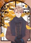  1boy artist_name black_gloves blue_eyes brown_coat coat ginkgo_leaf gloves hair_between_eyes highres hosekisho_richard-shi_no_nazo_kantei male_focus nechi outdoors plaid richard_ranashinha_de_vulpian scarf short_hair solo standing 