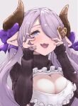  1girl :3 apron blue_eyes blush bow braid breasts cleavage cleavage_cutout clothing_cutout draph fang granblue_fantasy hair_ornament hair_over_one_eye heart heart-shaped_pupils highres horns large_breasts light_purple_hair low_tied_hair narmaya_(granblue_fantasy) open_mouth pointy_ears purple_bow purple_hair short_stack single_braid sweater symbol-shaped_pupils teriton turtleneck turtleneck_sweater yandere_trance 