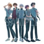  5boys arm_up black_hair black_pants blonde_hair blue_eyes blue_jacket brown_eyes brown_hair dress_shoes full_body glasses green_eyes grey_shoes grey_vest hair_between_eyes hand_in_pocket hand_on_own_hip holding holding_unworn_clothes holding_unworn_jacket iro_cloud jacket jwak korean_commentary koyo_tempest leaning_on_person loafers looking_at_viewer male_focus messy_hair multiple_boys necktie nino_sunday oto_rainy pants purple_eyes purple_hair purple_shirt robo_frostor sample_watermark school_uniform shirt shoes short_hair simple_background skoshism smile sneakers standing striped_clothes striped_necktie unworn_jacket vest virtual_youtuber watermark white_background white_hair white_shirt white_shoes 
