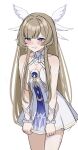  1girl alternate_hair_length alternate_hairstyle bare_shoulders blue_eyes blush bow bowtie brown_hair clenched_teeth columbina_(genshin_impact) columbina_(genshin_impact)_(cosplay) commentary_request cosplay cowboy_shot dress dress_tug genshin_impact hair_ornament highres irodo_1024 long_hair sandrone_(genshin_impact) simple_background sleeveless sleeveless_dress solo teeth very_long_hair white_background white_bow white_bowtie wing_hair_ornament wrist_bow 
