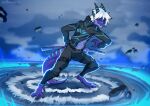 absurd_res anthro athletic blue_markings bottomwear clothing determined digitigrade dragon effects grydir_dacanoor_(griffonki) hair hi_res hoodie katana male markings melee_weapon mythological_creature mythological_scalie mythology navel nicknamed pants purple_body scalie solo sword topwear weapon white_hair