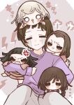  5girls =_= absurdres anger_vein angry bakemonogatari blush brown_eyes brown_hair chibi chibi_on_head chibi_on_shoulder commentary_request crying current_nadeko expressionless flirty_nadeko god_nadeko hairband happy highres holding_chibi izu_lemon japanese_clothes kimono lightning_bolt_symbol looking_at_viewer meek_nadeko monogatari_(series) multiple_expressions multiple_girls multiple_persona nademonogatari nanahyakuichi_middle_school_uniform nisemonogatari on_head otorimonogatari pants pink_background pout purple_sweater school_uniform sengoku_nadeko short_bangs short_hair snake_hair streaming_tears sweater sweatpants tears triangle_mouth two-tone_background white_background wrath_nadeko 