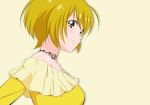  1girl ahoge bare_shoulders blonde_hair brown_eyes choker closed_mouth collarbone eyelashes from_side fuchi_(nightmare) hugtto!_precure kagayaki_homare off-shoulder_shirt off_shoulder precure shiny shiny_hair shiny_skin shirt short_hair simple_background smile solo upper_body white_background yellow_shirt 