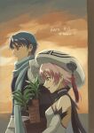  .hack// .hack//roots 1boy 1girl aqua_eyes black_cape blue_hair blue_scarf bluesky_username breasts cape closed_mouth commentary_request copyright_name detached_sleeves facial_mark forhmb111 green_eyes hat hat_tassel highres holding holding_plant looking_at_another looking_down looking_to_the_side open_mouth orange-tinted_eyewear outdoors ovan_(.hack//) pince-nez pink_hair plant rimless_eyewear round_eyewear scarf shino_(.hack//) shirt short_hair single_bare_shoulder sleeveless sleeveless_shirt small_breasts smile sunset teardrop_facial_mark tinted_eyewear white_hat white_shirt white_sleeves 