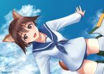  1girl animal_ears bangs blue_neckwear blue_sailor_collar brown_eyes brown_hair cloud dog_ears dog_tail long_sleeves looking_at_viewer miyafuji_yoshika mugiaki neckerchief one-piece_swimsuit open_mouth sailor_collar school_swimsuit short_hair sky solo strike_witches striker_unit swimsuit swimsuit_under_clothes tail twitter_username world_witches_series 
