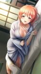  1girl :d bangs bath_yukata blush breasts cleavage collarbone doukyuusei_another_world dutch_angle eyebrows_visible_through_hair futon game_cg hair_between_eyes hair_down indoors japanese_clothes kimono large_breasts long_hair looking_at_viewer official_art open_mouth orange_hair pillow red_eyes sendou_airi shiny shiny_hair smile solo straight_hair under_covers yukata 