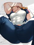  1boy alternate_costume arm_on_head ass bara blue_eyes boku_no_hero_academia bulge endeavor_(boku_no_hero_academia) feet_out_of_frame highres jacket jo_tuesday19 large_pectorals long_sideburns looking_at_viewer lying male_focus mature_male midriff_peek muscular muscular_male on_back on_bed pants pectorals red_hair school_uniform shirt short_hair sideburns solo spread_legs sweat thick_thighs thighs tight tight_shirt track_jacket track_pants younger 