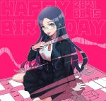  1girl a_tama_(pakpak_tkg) absurdres arm_support arrow_(symbol) bangs black_skirt buttons commentary_request danganronpa_(series) danganronpa_v3:_killing_harmony dated double-breasted dress_shirt full_body glasses hand_on_own_chest hand_up happy_birthday highres jacket kneehighs long_hair long_sleeves looking_at_viewer neck_ribbon orange_ribbon parted_bangs pink_background pleated_skirt ribbon school_uniform shiny shiny_hair shirogane_tsumugi shirt shoes sitting skirt smile solo tongue tongue_out wariza white_shirt 