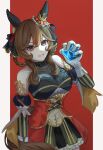  1girl animal_ears bare_shoulders braid braided_hair_rings breasts brown_hair cleavage collarbone corset detached_sleeves dress ear_covers ear_ornament gentildonna_(regina_dei_fiori)_(umamusume) gentildonna_(umamusume) gloves hair_between_eyes hair_ornament hair_rings heart-shaped_ornament heart_ear_ornament highres holding horse_ears horse_girl horse_tail large_breasts long_hair looking_at_viewer parted_lips red_corset red_eyes see-through_cleavage see-through_clothes simple_background smile solo songdu tail umamusume white_gloves 