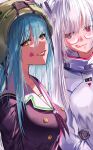  2girls absurdres after_kiss aged_up alternate_breast_size_(larger) alternate_hair_length alternate_hairstyle bespectacled black_shirt blue_hair breasts bungo_yayoi buttons closed_mouth commentary_request double-breasted eyelashes eyes_visible_through_hair fake_horns fuuka_koji glasses grin hair_between_eyes hair_bun heaven_burns_red helmet hickey highres horned_helmet horns large_breasts lips lipstick_mark long_hair multiple_girls parted_lips red_eyes red_lips sailor_collar school_uniform semi-rimless_eyewear serafuku shirt sidelocks smile straight_hair sweatdrop upper_body very_long_hair white_hair white_sailor_collar yamawaki_bon_ivar yellow_eyes yuri 