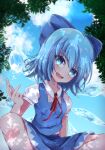  1girl blue_bow blue_hair blue_skirt blue_sky blue_theme blue_vest bow cirno cloud collared_shirt day eyebrows_visible_through_hair hair_bow head_tilt highres ice ice_wings looking_at_viewer neck_ribbon open_mouth puffy_short_sleeves puffy_sleeves red_neckwear red_ribbon ribbon shen_li shirt short_sleeves sitting skirt skirt_set sky solo symbol-only_commentary touhou tree vest white_shirt wings 