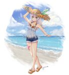  1girl artist_request bangs beach belt belt_buckle bird blue_eyes blue_sky buckle closed_mouth cloud cloudy_sky denim denim_shorts dress flower full_body hair_between_eyes hat highres holding holding_clothes holding_hat honkai_(series) honkai_impact_3rd looking_at_viewer ocean sand sandals seashell shell shorts sky sleeveless smile solo standing starfish straw_hat summer summer_uniform sundress sunflower theresa_apocalypse theresa_apocalypse_(valkyrie_pledge) toes white_hair 