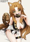  1girl animal_ears arknights black_leotard breasts brown_hair cleavage covered_mouth ett gloves green_eyes highres large_breasts leotard looking_at_viewer paw_print swire_(arknights) tail tail_ornament tail_ring tattoo thigh_strap tiger_ears tiger_girl tiger_tail white_background 