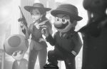  2boys 2girls absurdres alternate_universe breasts cigar collared_shirt commentary earrings facial_hair fedora formal greyscale gun hair_behind_ear hand_on_hip hat highres holding holding_cigar holding_gun holding_weapon jacket jewelry lem mafia mario mario_(series) medium_breasts monochrome multiple_boys multiple_girls mustache necktie pauline_(mario) princess_peach shirt smile smoking submachine_gun suit suit_jacket sunglasses super_mario_odyssey symbol-only_commentary thompson_submachine_gun toad_(mario) weapon 