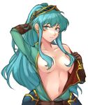  1girl absurdres alternate_hairstyle arm_behind_head bare_shoulders blue_eyes blue_hair breasts collarbone convenient_censoring cosplay earrings eirika_(fire_emblem) fire_emblem fire_emblem:_the_sacred_stones fire_emblem_heroes gloves hair_censor highres jewelry long_hair looking_at_viewer medium_breasts midriff official_alternate_costume open_clothes ponytail solo tridisart undressing white_background 
