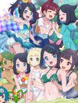  6+girls absurdres ann_(pokemon) ass bikini black_hair blonde_hair blue_eyes blue_hair blue_jacket blue_one-piece_swimsuit blue_skirt blush braid breasts chloe_(pokemon) closed_eyes commentary_request cowlick crop_top eyelashes fang flower flower_necklace goggles goggles_on_head green_bikini green_eyes hair_ornament hairclip hatenna heart highres hood hooded_jacket idol jacket lana_(pokemon) liko_(pokemon) lillie_(pokemon) long_hair looking_at_viewer mallow_(pokemon) mega_stone midriff multicolored_hair multiple_girls neckerchief one-piece_swimsuit onsen open_clothes open_mouth overskirt pink_neckerchief pokemoa pokemon pokemon_(anime) pokemon_(creature) pokemon_horizons pokemon_journeys pokemon_sm_(anime) ponytail shirt short_hair short_sleeves shorts skirt small_breasts smile sprigatito swimsuit white_bikini white_shirt white_shorts wrist_cuffs 