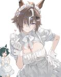  >_< 2girls absurdres animal_ears artist_name blue_eyes breasts brown_hair cleavage closed_eyes cocontoozai commentary_request dress ear_ornament finger_heart frilled_dress frills hair_over_one_eye highres horse_ears horse_girl kiseki_(umamusume) large_breasts leaning_forward looking_at_viewer multicolored_hair multiple_girls open_mouth puffy_short_sleeves puffy_sleeves rulership_(umamusume) short_sleeves simple_background smile solo_focus streaked_hair umamusume umamusume_horse_relations white_background white_dress white_headdress white_streaks white_wrist_cuffs wrist_cuffs 