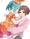  2girls ^^^ absurdres after_kiss aqua_hair aqua_thighhighs brown_eyes brown_hair chinese_commentary choppy_bangs commentary_request current_nadeko dress drooling eyelashes face-to-face frilled_dress frills from_side furrowed_brow googly_eyes green_eyes grey_thighhighs hand_on_another's_cheek hand_on_another's_face hand_on_another's_shoulder hands_on_another's_hips hat heart highres monogatari_(series) multicolored_thighhighs multiple_girls nademonogatari ononoki_yotsugi open_mouth orange_dress orange_hat parted_bangs parted_lips pink_sweater pointy_ears puffy_short_sleeves puffy_sleeves saliva saliva_trail sengoku_nadeko short_hair short_sleeves sidelocks sitting sitting_on_lap sitting_on_person sleeves_past_wrists steam straddling striped_clothes striped_thighhighs sweater thick_eyebrows thighhighs trembling tsugumi_(tgm_615486) twintails two-tone_thighhighs yuri zettai_ryouiki 