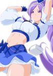  1girl :3 aono_miki arms_up ass_visible_through_thighs backlighting bangs blue_bow blue_choker blue_skirt bow breasts choker closed_mouth cowboy_shot crop_top cure_berry fresh_precure! fuchi_(nightmare) hairband highres large_breasts layered_skirt long_hair midriff miniskirt navel parted_bangs ponytail precure purple_eyes purple_hair shiny shiny_hair shiny_skin simple_background skirt solo standing stomach very_long_hair white_background white_hairband 