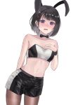  1girl animal_ears bare_shoulders black_bow black_bowtie black_hair black_shorts black_tube_top blush bow bowtie breasts brown_pantyhose bunnytop_(xenoblade_x) cowboy_shot detached_collar embarrassed fake_animal_ears hand_on_own_chest highres k0oo_0 lin_lee_koo looking_at_self midriff nontraditional_playboy_bunny nose_blush pantyhose purple_eyes rabbit_ears short_hair shorts simple_background small_breasts solo strapless sweatdrop tube_top two-tone_shorts two-tone_tube_top white_background white_shorts white_tube_top wrist_cuffs xenoblade_chronicles_(series) xenoblade_chronicles_x 