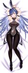  1girl absurdres animal_ears arm_strap armpits azur_lane bare_shoulders blue_neckwear bodystocking breasts cleavage covered_navel dakimakura_(medium) detached_collar eyebrows_visible_through_hair fake_animal_ears full_body heart heart-shaped_pupils highres huge_filesize large_breasts long_hair looking_at_viewer lying naisewow necktie new_jersey_(azur_lane) new_jersey_(exhilarating_steps!)_(azur_lane) official_alternate_costume on_back one_eye_closed playboy_bunny purple_eyes rabbit_ears solo symbol-shaped_pupils thighs very_long_hair wing_collar wrist_cuffs 
